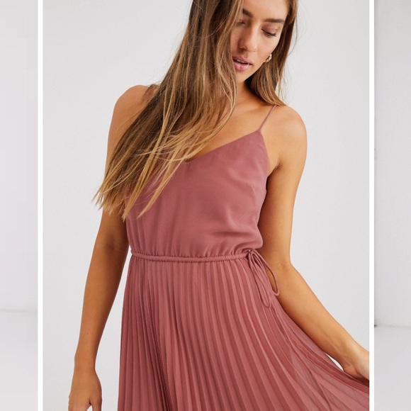 Pleated cami midi dress with drawstring waist in dark pink - Picture 2 of 8